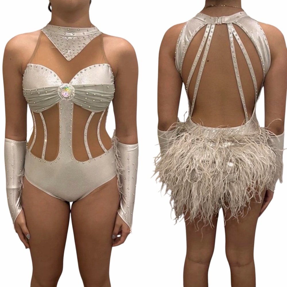 Silver custom solo Dance costume illusion feather leotard XSA-extra small adu